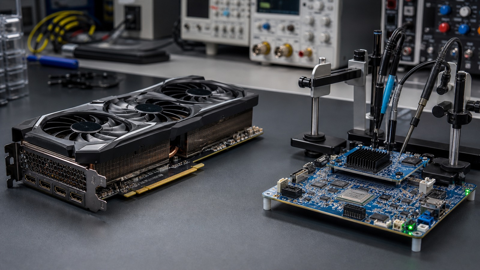 Discrete graphics card and compact accelerator development board compared on an electronics lab bench