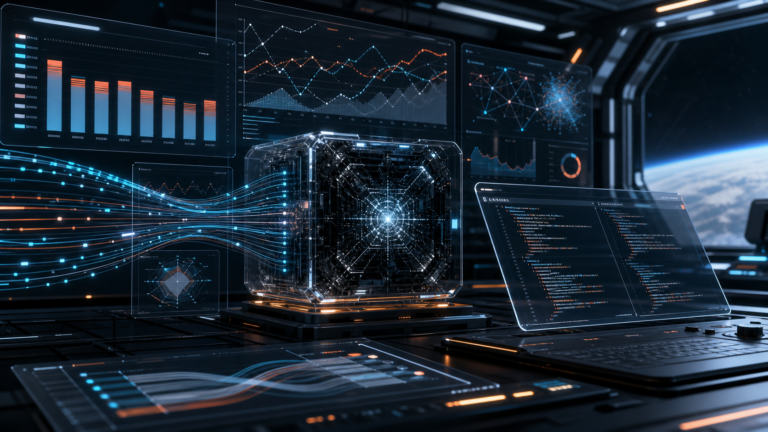 Editorial illustration of Grok 4.5 benchmark panels, code, and token-flow streams around an AI compute core.