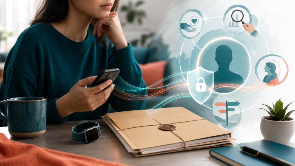 Editorial illustration of a person reviewing private health and wellness data on a connected device