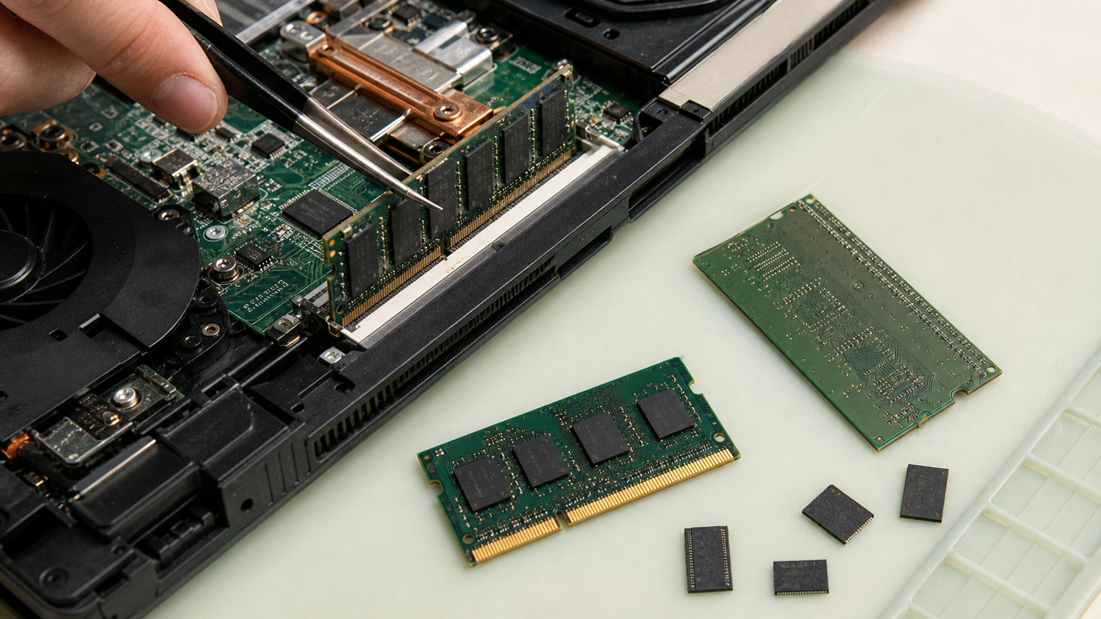 Close view of a technician installing laptop memory for a local AI workload