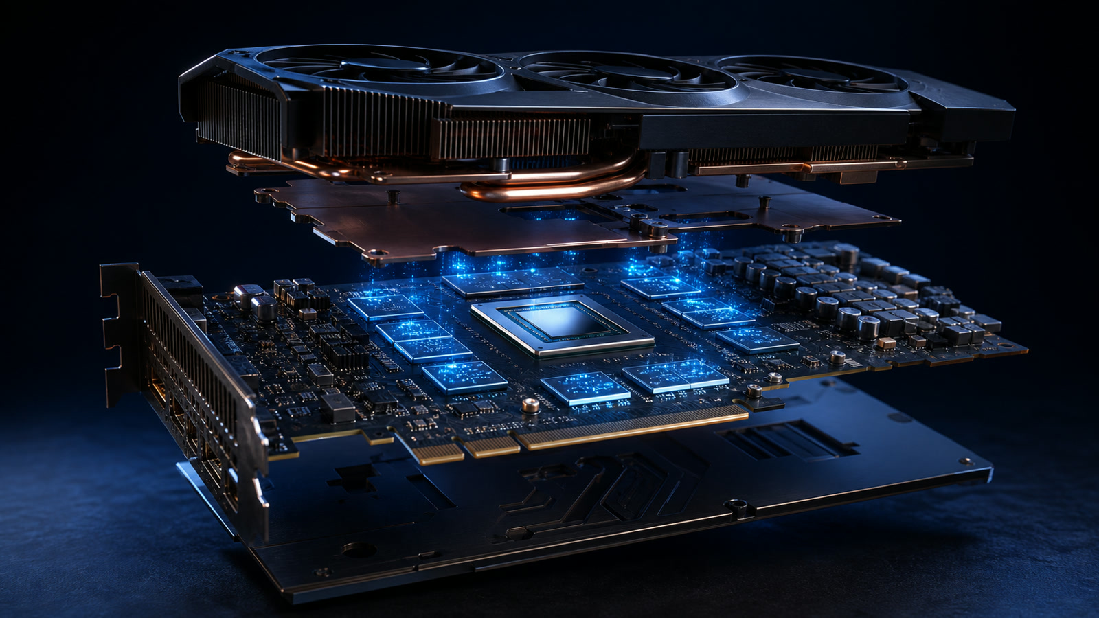 Editorial cutaway of a graphics card showing the GPU and surrounding memory packages