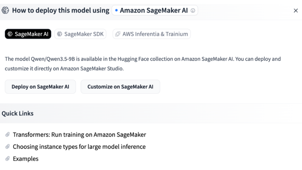 Hugging Face model page offering Deploy on SageMaker AI and Customize on SageMaker AI actions