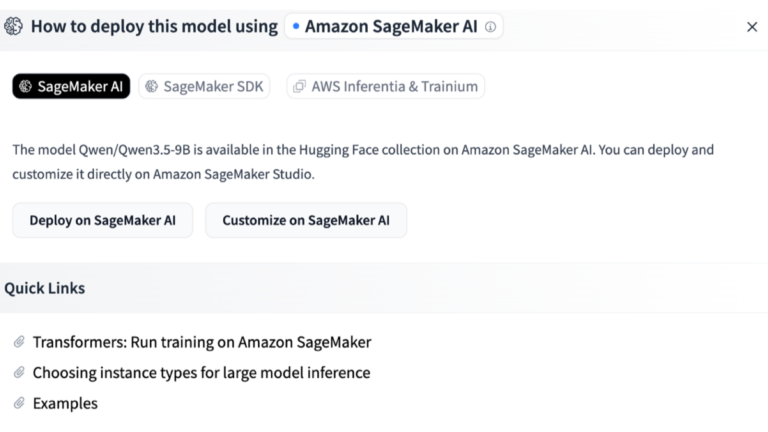 Hugging Face model page offering Deploy on SageMaker AI and Customize on SageMaker AI actions