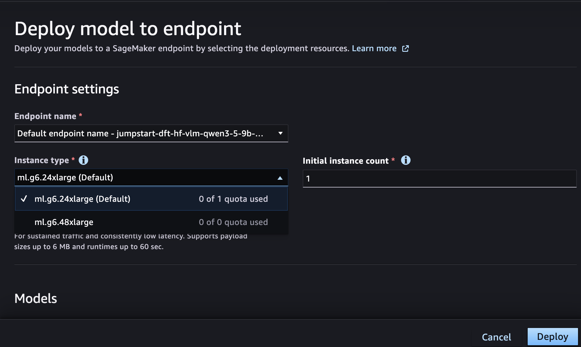 SageMaker Studio endpoint deployment page showing G6 instance choices and account quota availability