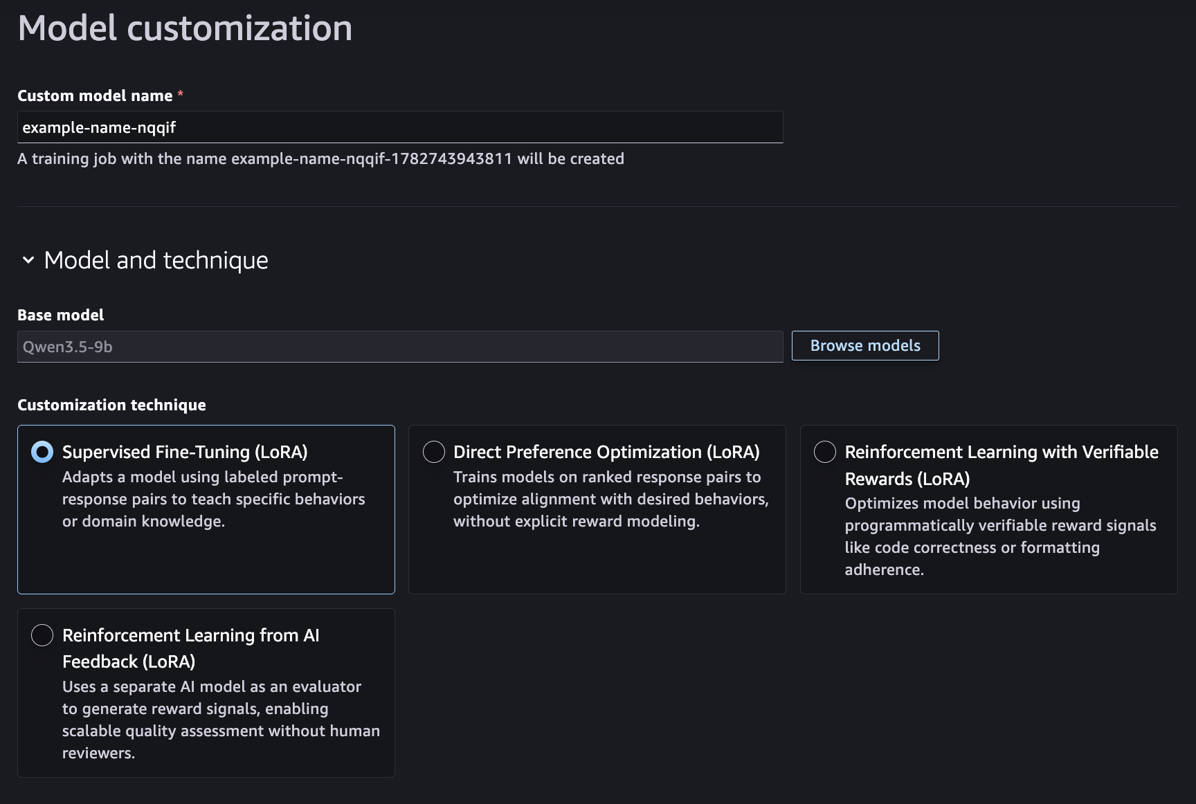 SageMaker Studio Model customization page with a Qwen model preloaded and four fine-tuning methods