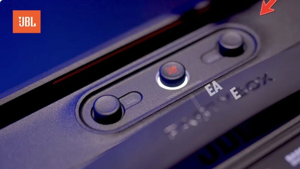 Close-up of the JBL PartyBox On-The-Go 2 Plus vocal and echo controls at 2:32