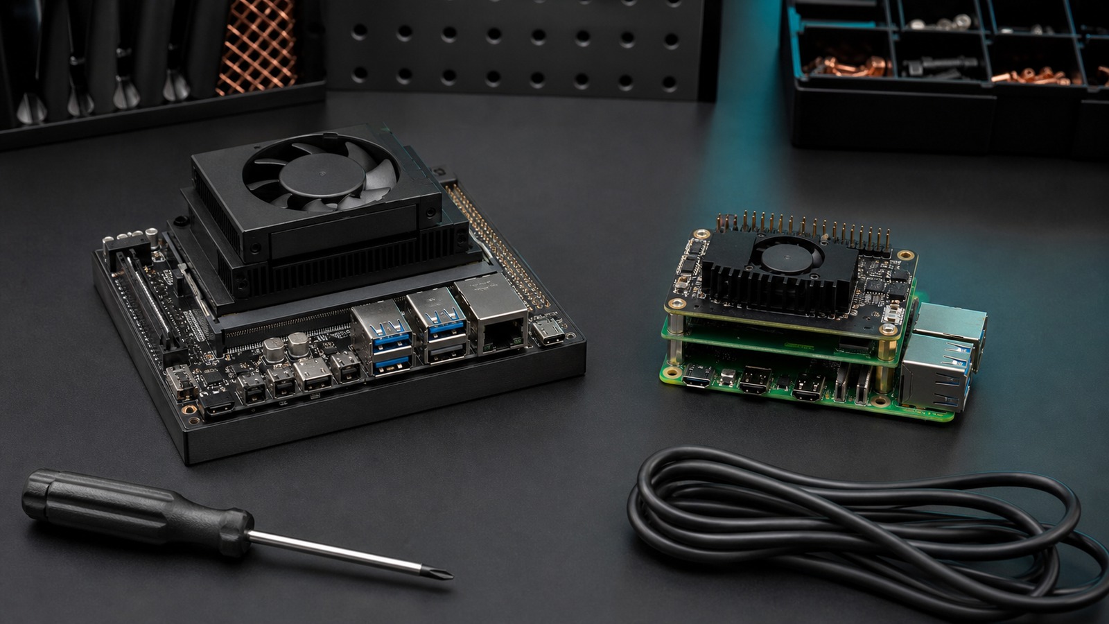 Two distinct unbranded edge AI development boards compared on an electronics bench