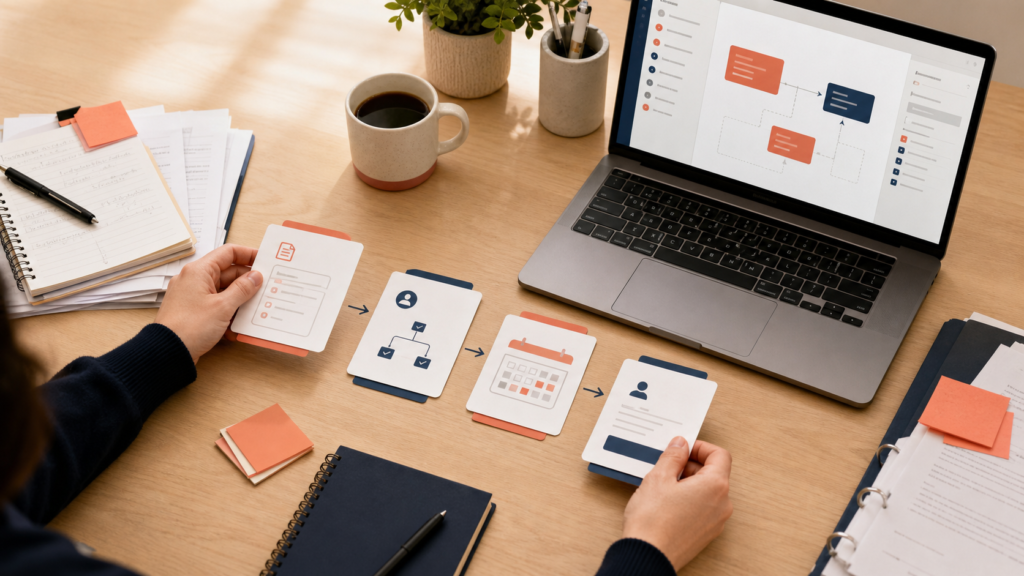 Business workflow cards arranged into a structured no-code app