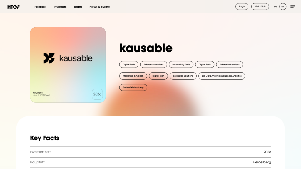 HTGF official portfolio page for kausable and its adaptive causal AI funding