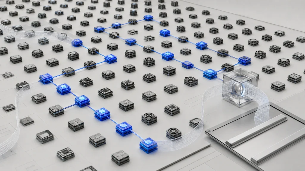 Editorial illustration of a sparse mixture-of-experts system routing a blue path through selected computational modules for Kimi K3.