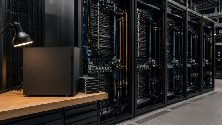 A plain desktop workstation dwarfed by a row of liquid-cooled AI accelerator racks