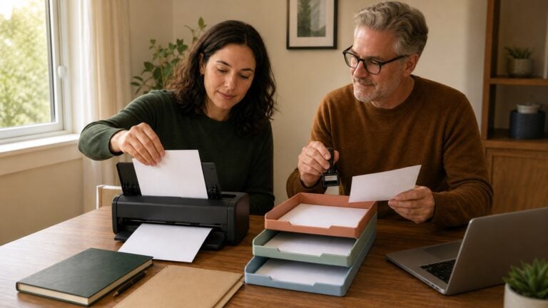 Beginner and mentor reviewing a document-scanning workflow with human approval