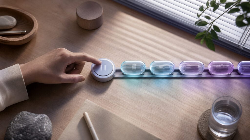 A hand presses a pause control beside a rail of translucent context capsules