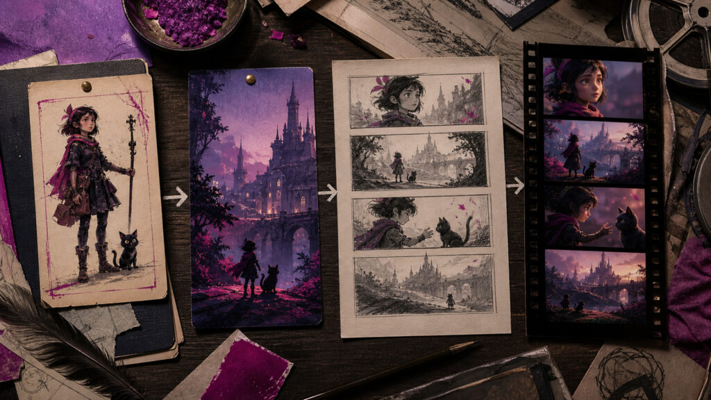 Character seed, environment study, storyboard, and film strip arranged as one coherent creative lineage