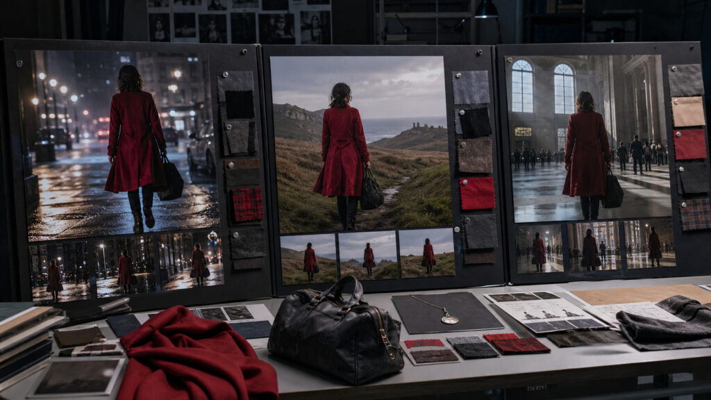Continuity board showing the same red-coated character across city, coast, and interior scenes