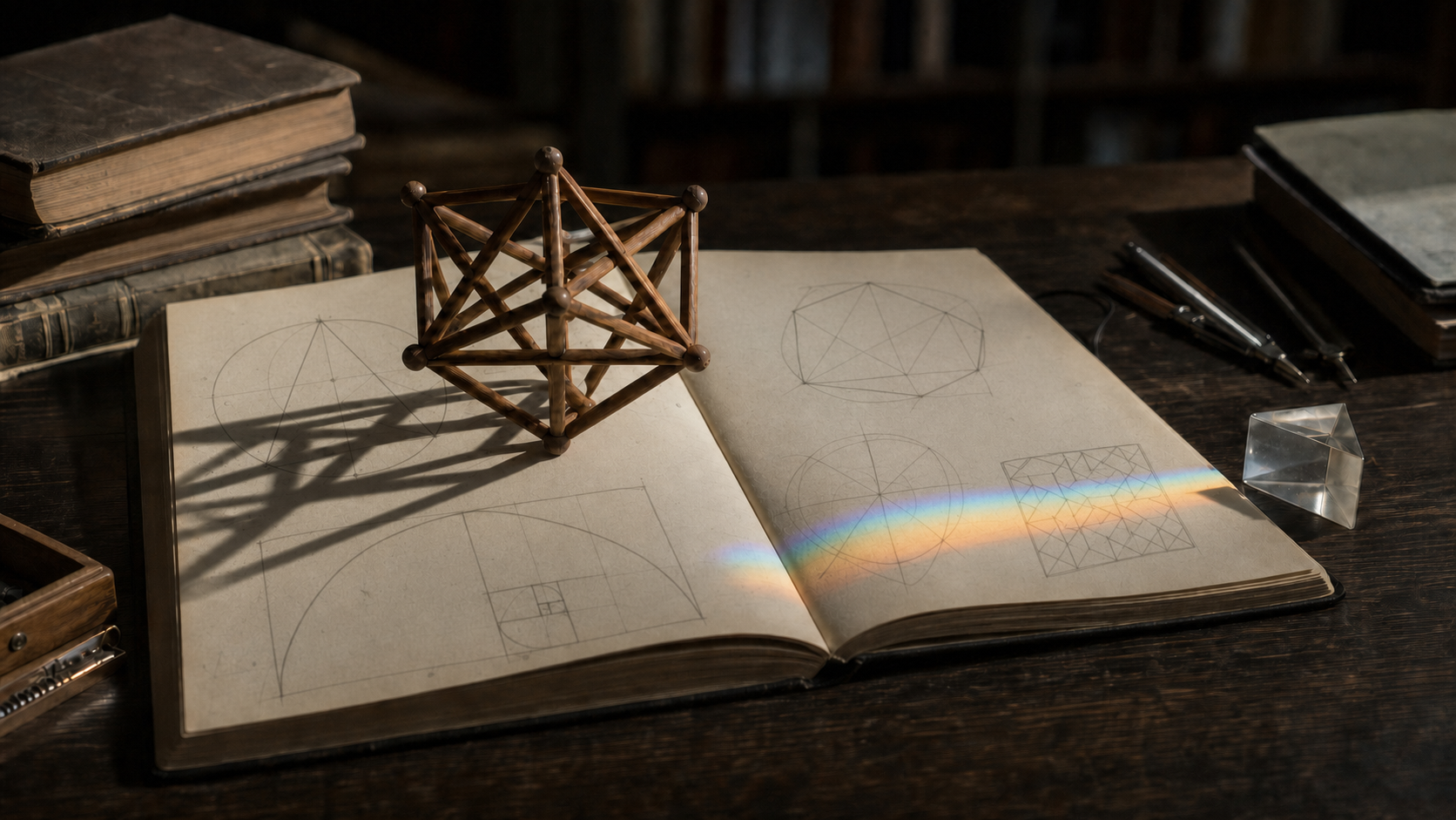 Wooden geometric model, compass constructions and a prism spectrum across an open research notebook.