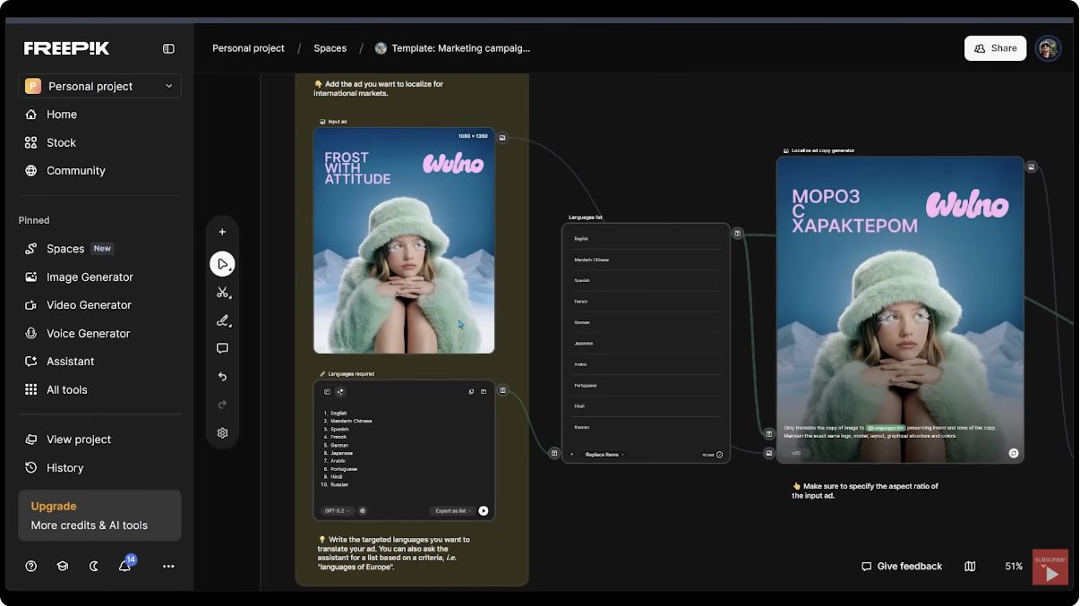 Freepik campaign localization workflow shown during a Kingy AI product walkthrough