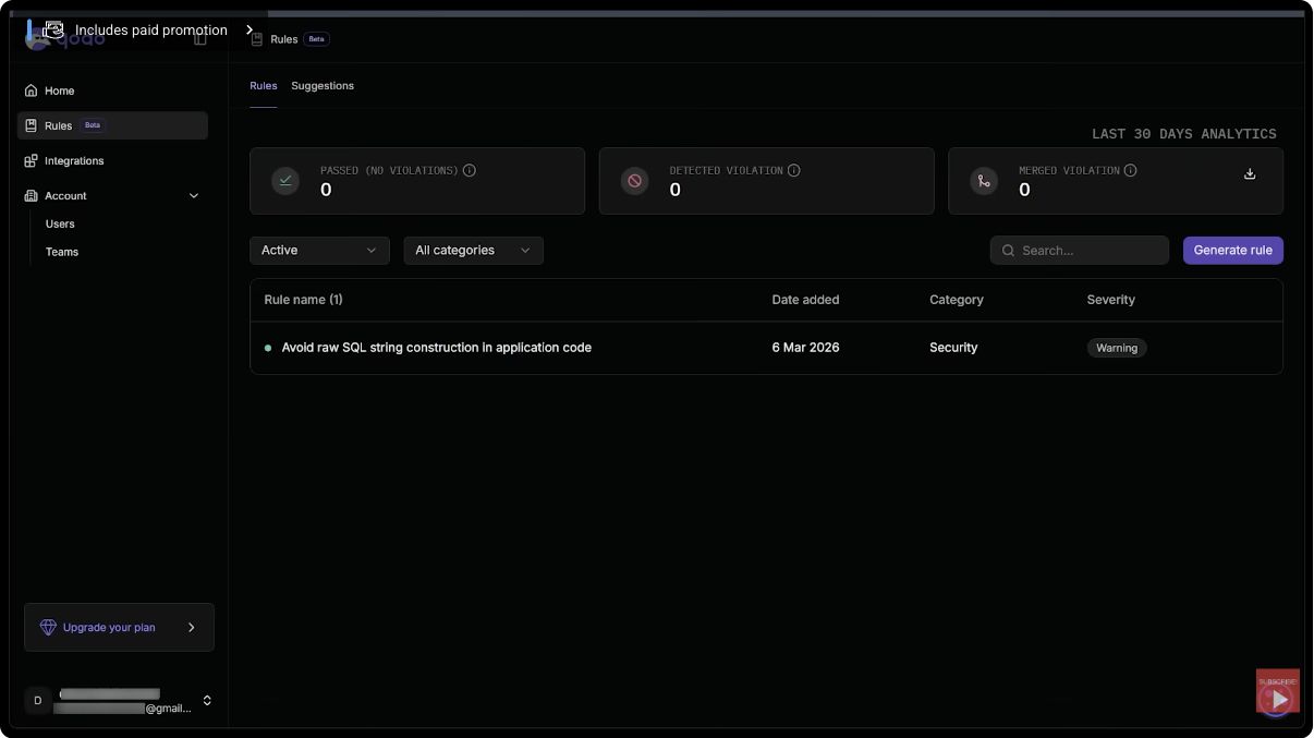 Qodo rules interface shown during a Kingy AI code-review product walkthrough