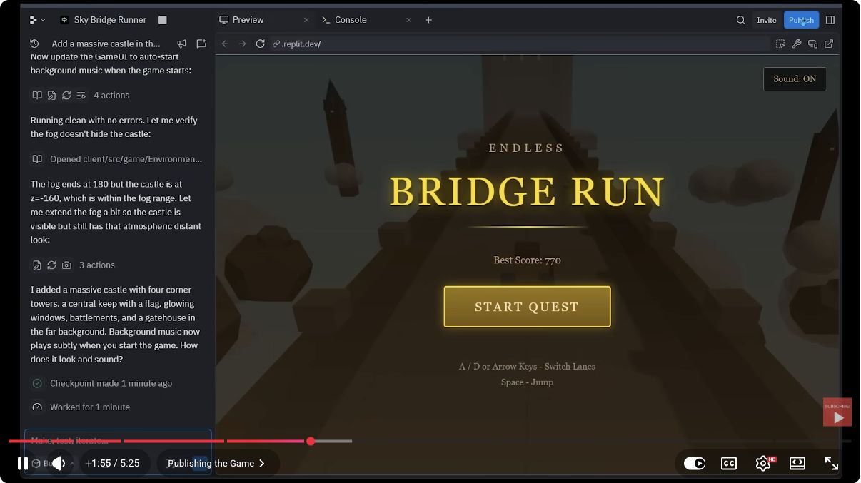 Replit workspace and the 3D game built during a Kingy AI product walkthrough