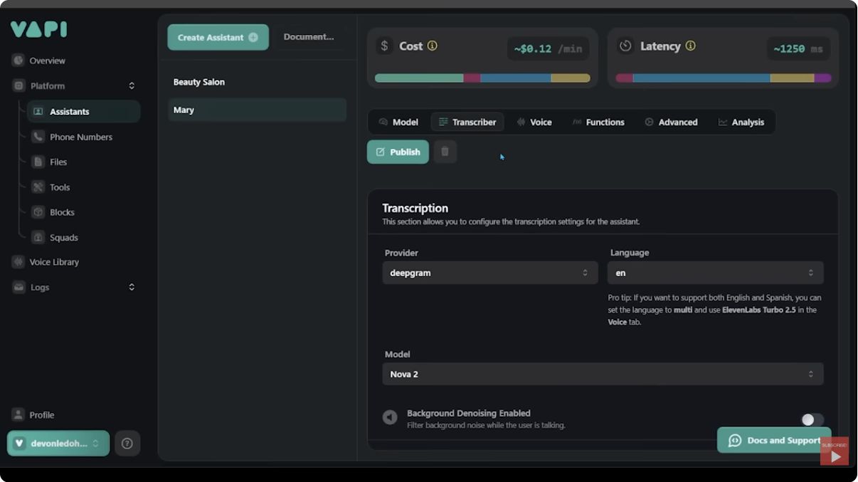 Vapi assistant transcription settings shown during a Kingy AI product walkthrough