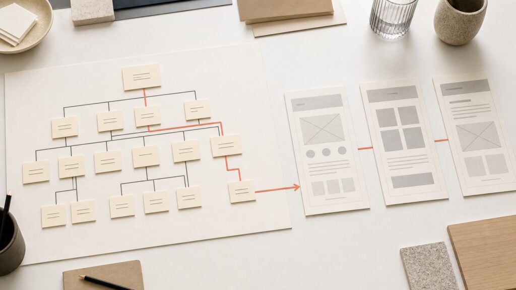 Physical sitemap and three wireframe panels linked by a coral route on a warm white surface