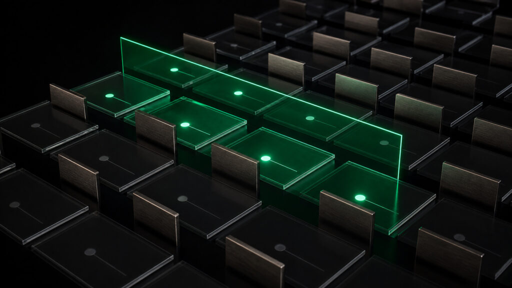 Tactile relational-data grid with a green permission plane and physical access gates