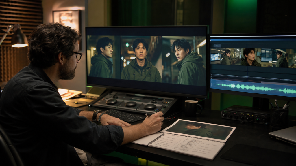 Film editor comparing consistent multi-shot AI video scenes and an audio waveform