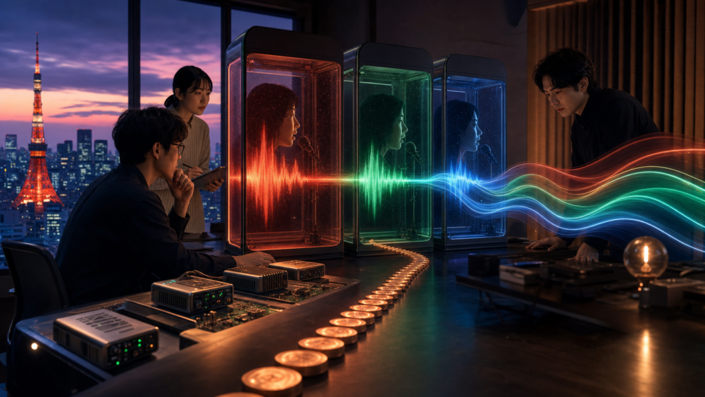 Voice researchers guide distinct speech waves through an East Asian edge-AI studio