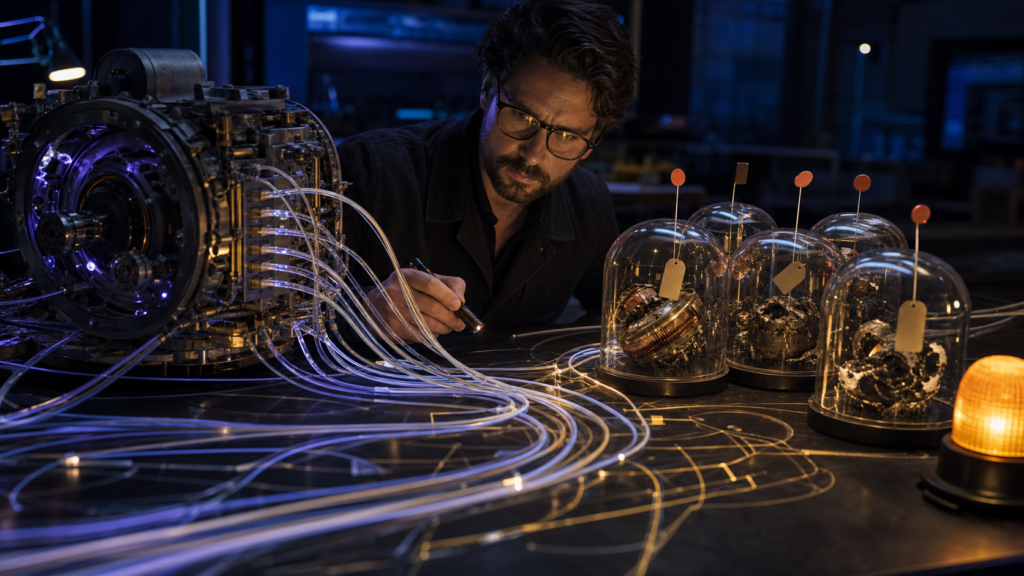 Reliability engineer traces luminous paths into grouped failure specimens under glass