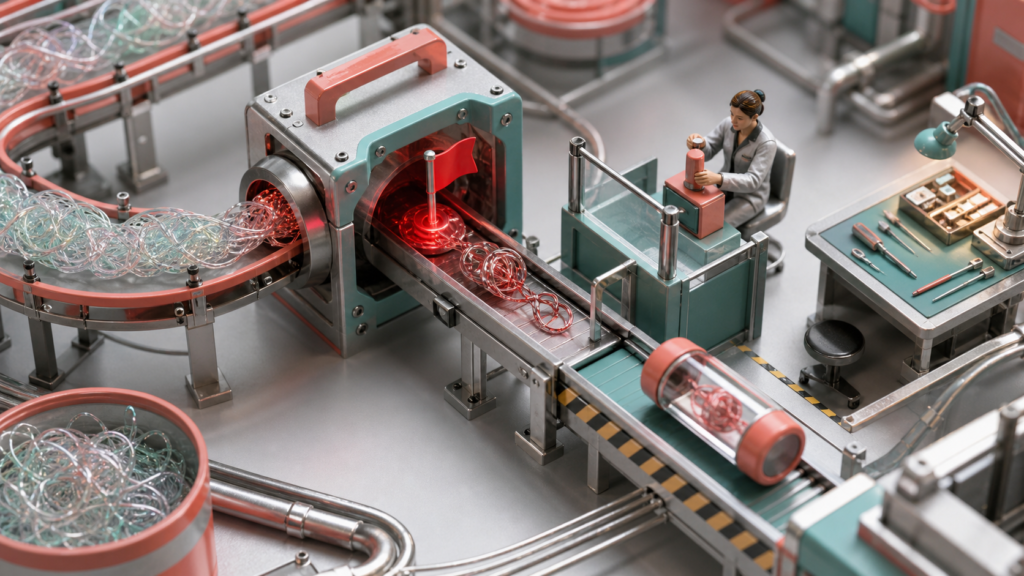 A tangled conversation thread triggers a guarded repair capsule on a miniature production line