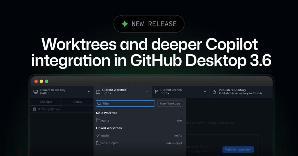 Official launch image for GitHub Desktop 3.6 Copilot Integration