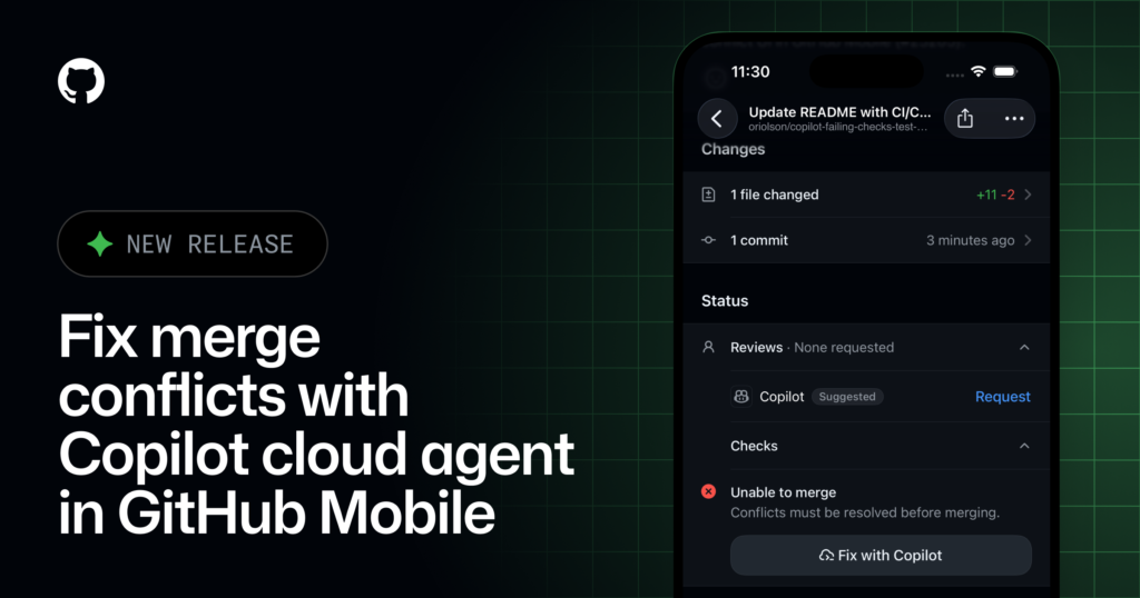 Official launch image for GitHub Mobile Copilot cloud agent merge-conflict fix