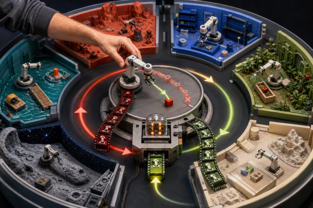 A human corrects a robot rollout inside a six-arena learning flywheel