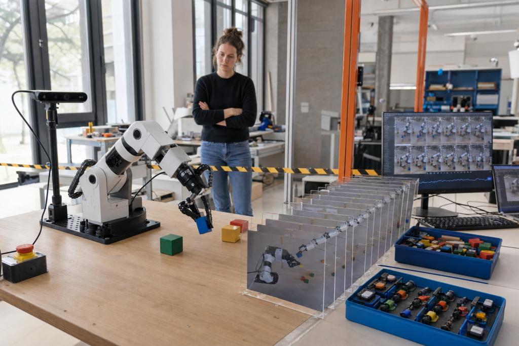 Researcher observes a tabletop robot beside future-frame, reward and correction stations