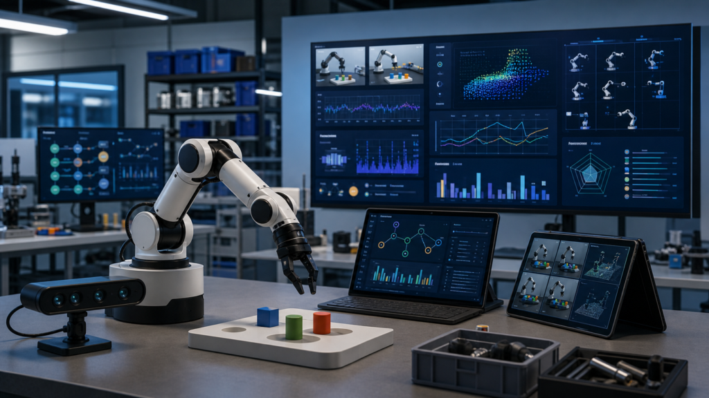 Editorial image of an open robotics learning lab with robot arm, datasets, simulation, and evaluation workflows.