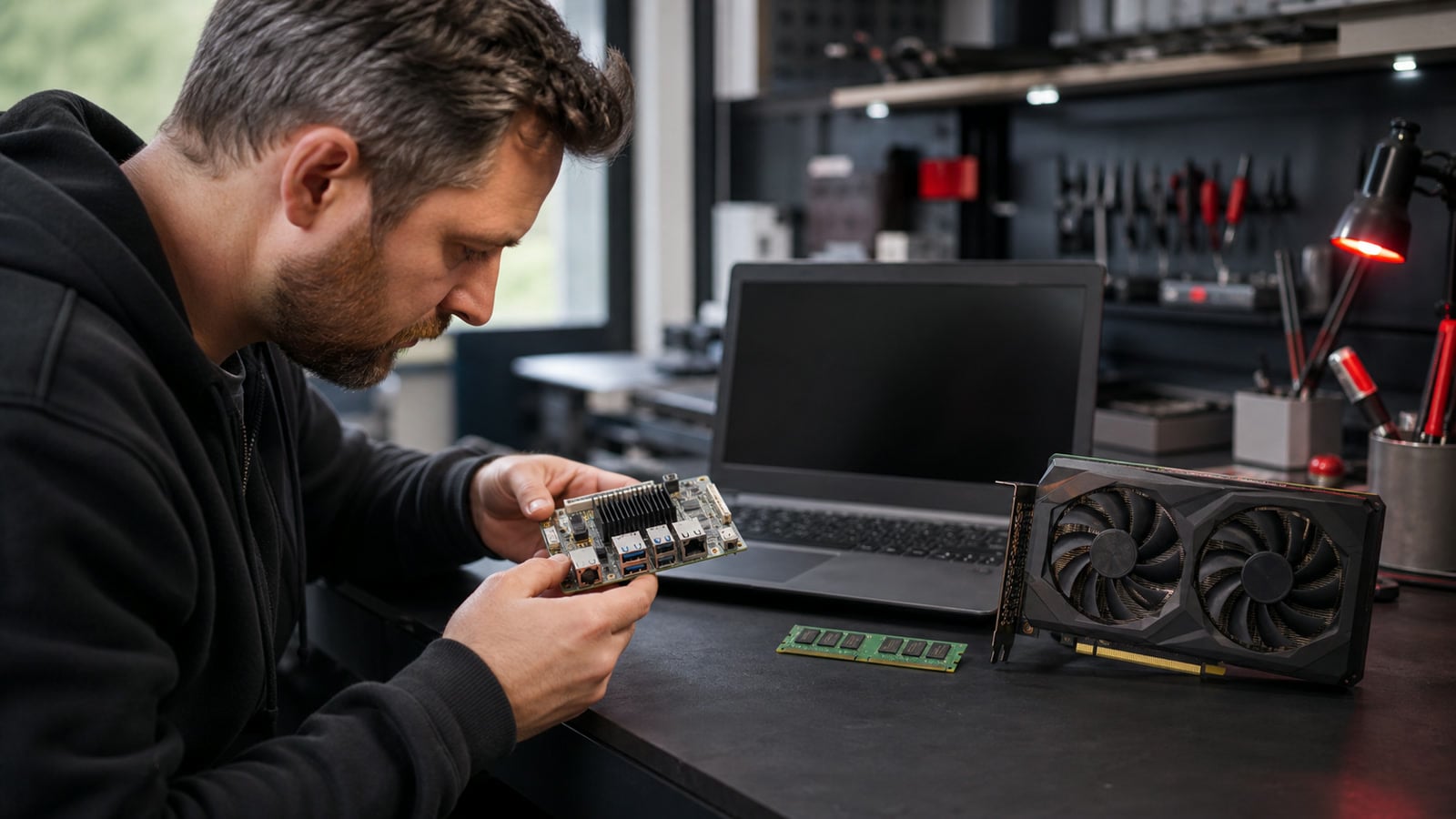 Technician evaluating a laptop, graphics card, memory and local AI hardware