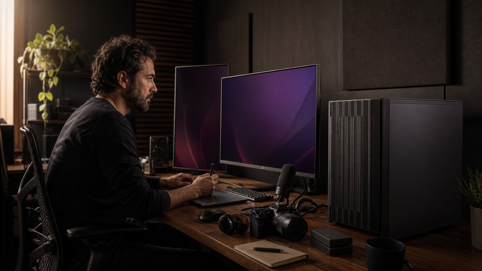 Creator planning a local AI workflow at a mixed-media workstation