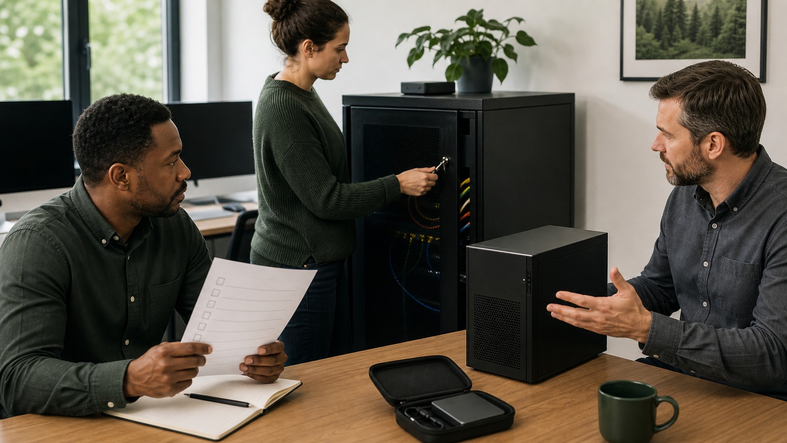 Small team reviewing access and operations for an on-premise local AI workstation