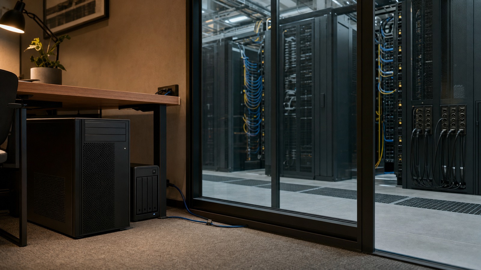 Local office workstation physically separated from cloud data center racks