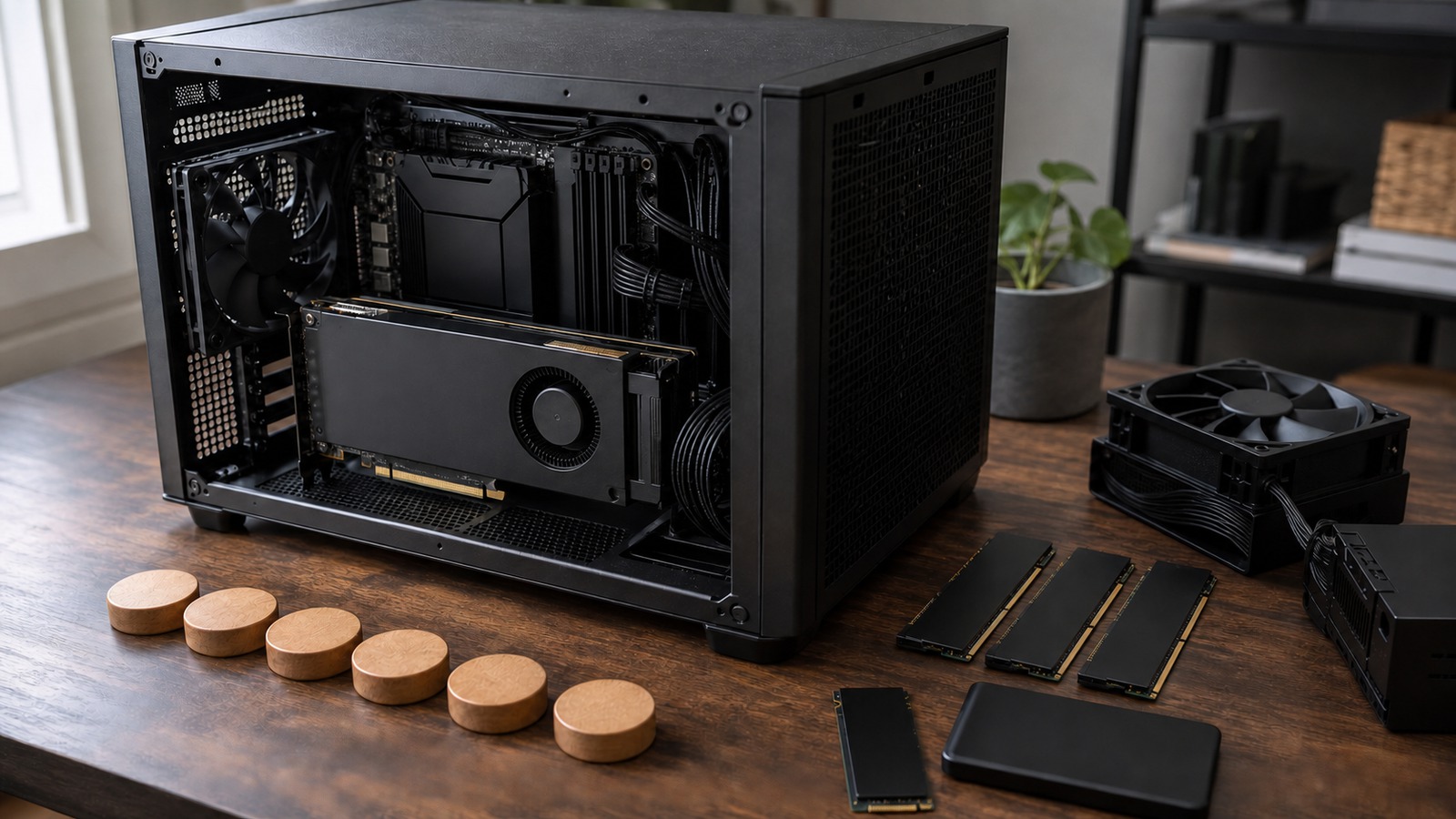 Local language model workstation with unmarked accelerator, memory modules and model storage drive