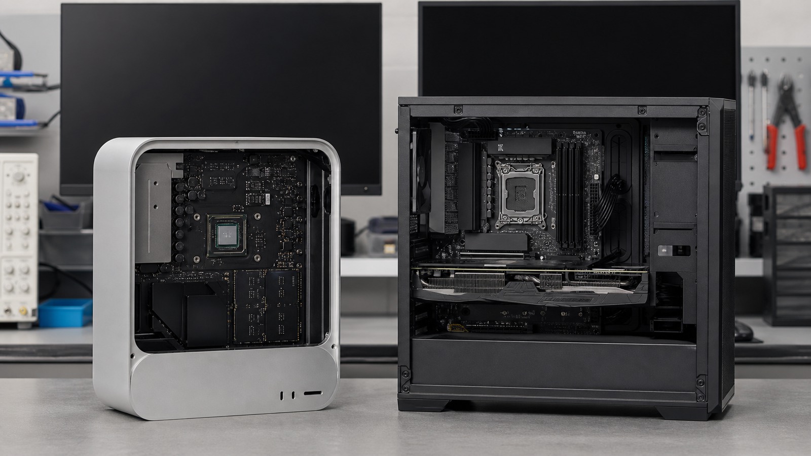 Compact unified-memory computer and modular Windows tower opened for a local AI platform comparison
