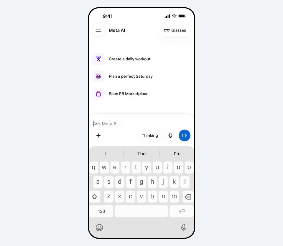Official Meta AI interface showing task examples for workouts, planning, and Marketplace
