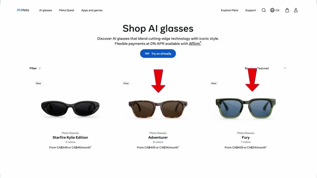 Meta Glasses 2026 lineup showing Starfire Kylie Edition, Adventurer and Fury