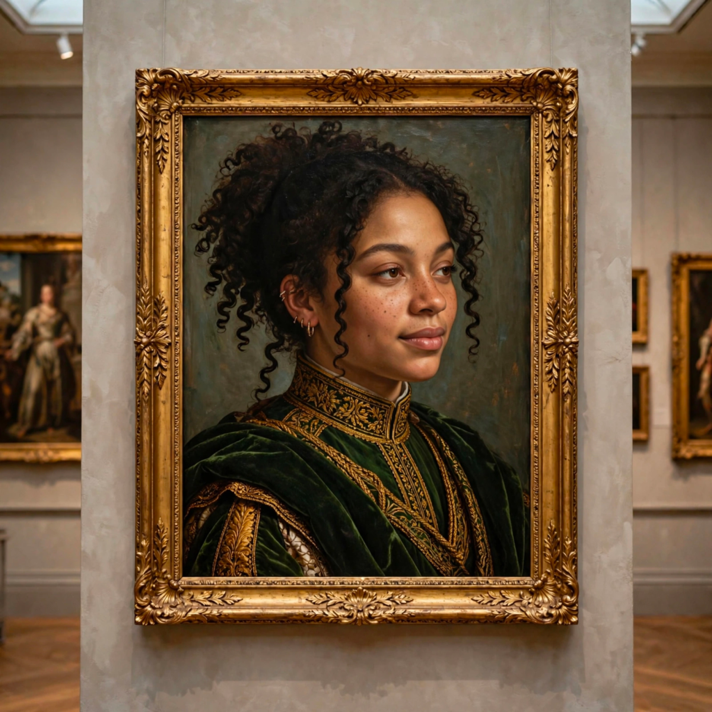 AI-generated portrait in an ornate gallery frame from Meta Muse Image launch materials.