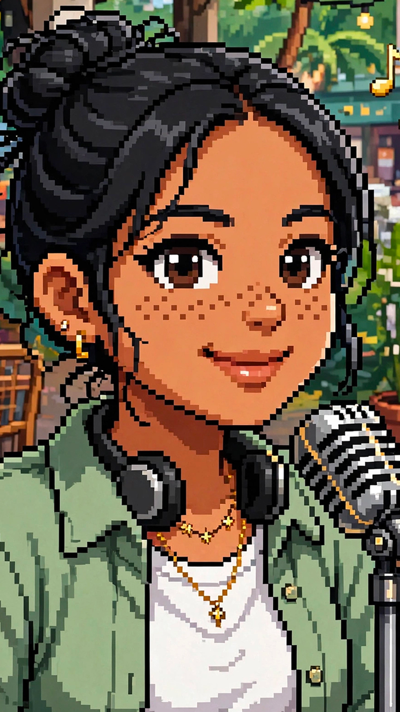 AI-generated pixel-art portrait of a creator with headphones and microphone from Meta Muse Image launch materials.
