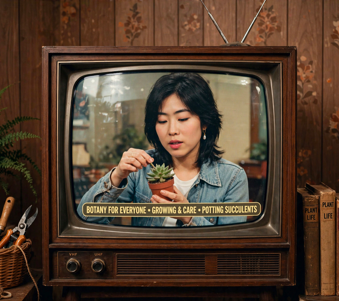 AI-generated retro television frame showing a botany lesson from Meta Muse Image launch materials.