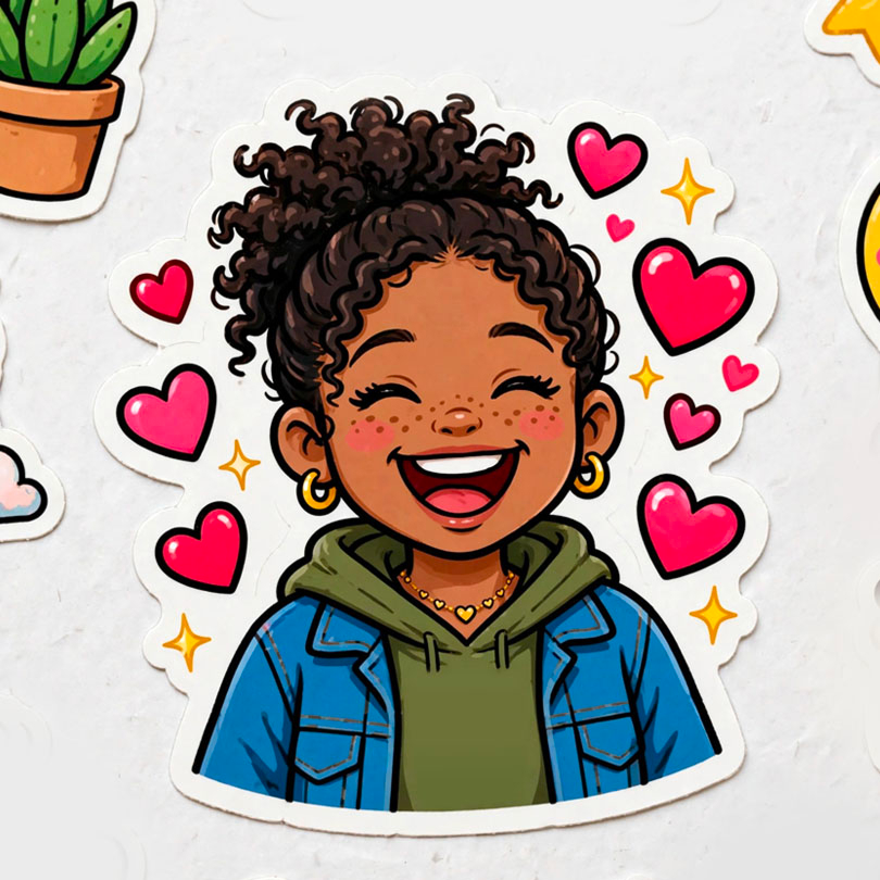 AI-generated sticker-style smiling character with hearts and sparkles from Meta Muse Image launch materials.