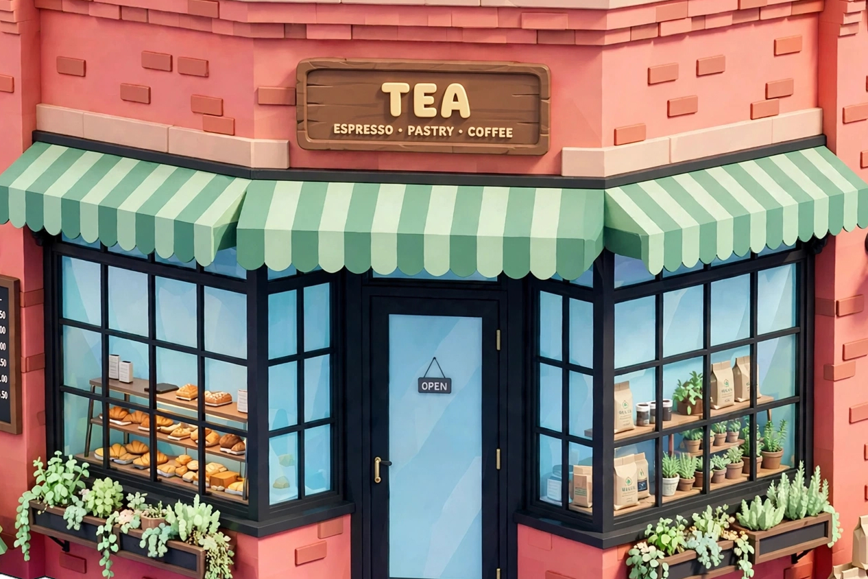 AI-generated pastel storefront for a tea and coffee shop from Meta Muse Image launch materials.