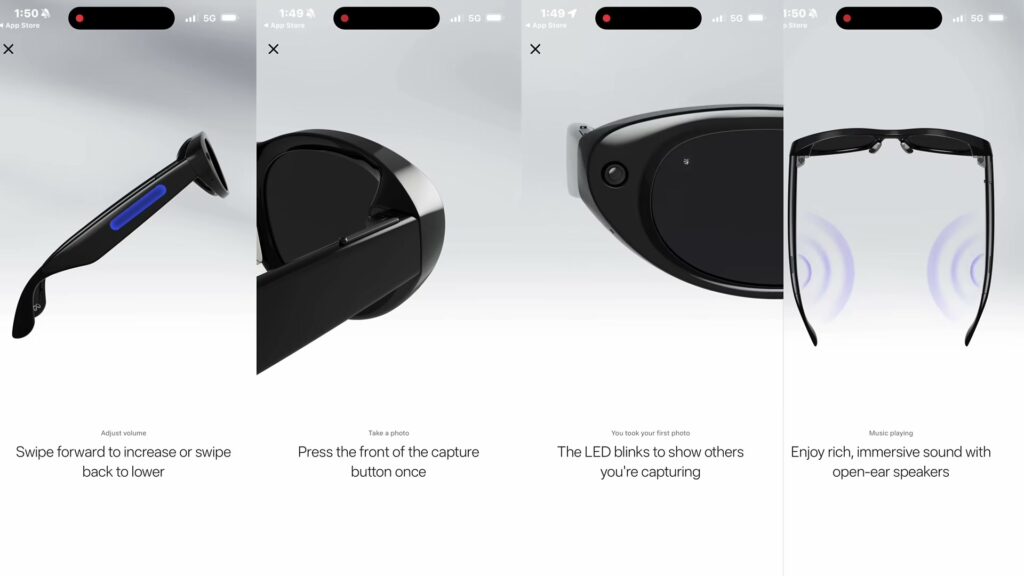 Meta Starfire setup screens showing volume, capture button, recording LED and open-ear audio