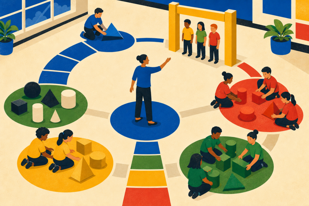 A teacher directs several distinct classroom learning stations from a central control point